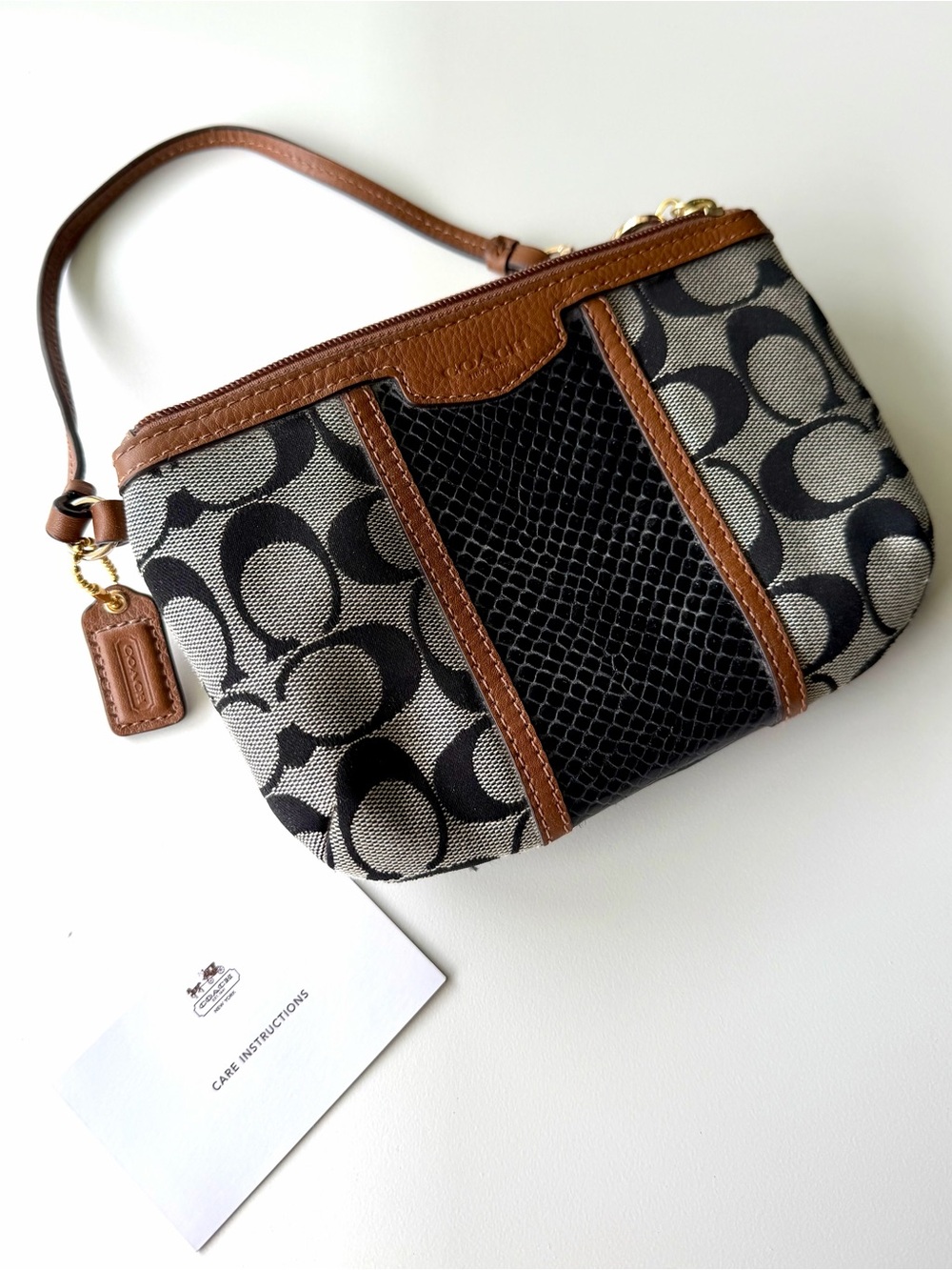 Coach Signature Canvas Wristlet in Black, Brown & Cream Like New